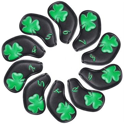 10pcs Set Green Lucky Four Clover Iron Headcover Leather Golf Iron Head Cover