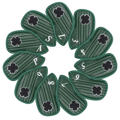 11pcs Set 3D embroidery Green Lucky Four Clover Iron Headcover Leather Golf Iron Head Cover