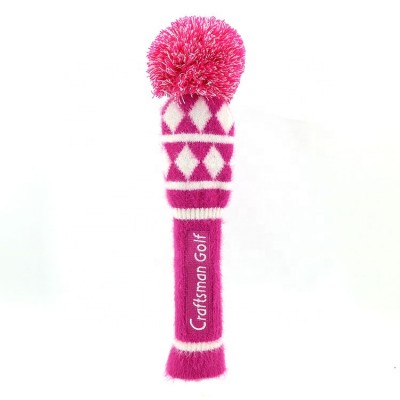 Pink Knitted Golf Headcover Long Neck Pom Pom Golf Driver Head Cover