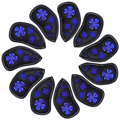 New Design 11pcs Set Shiny Blue Lucky four Clover Iron Headcover Leather Golf Iron Head Cover