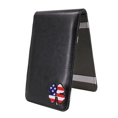 Black leather golf scorecard holder yardage book cover with pencil loop