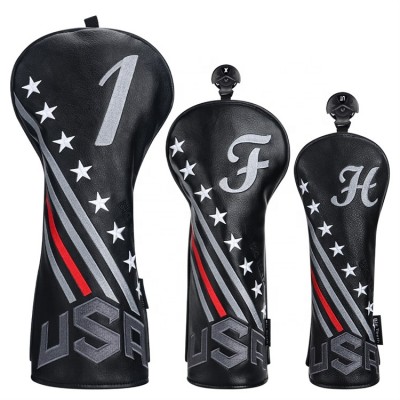 3PCS Wood Head Cover Set Black USA Embroidery Headcover for Driver/Fairway/UT Club