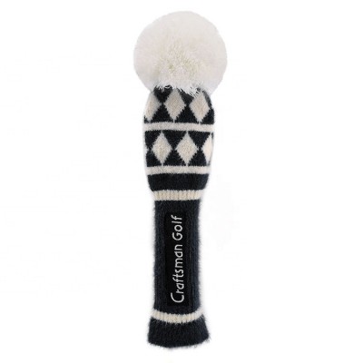 Black Knitted Golf Headcover Long Neck Pom Pom Golf Driver Head Cover