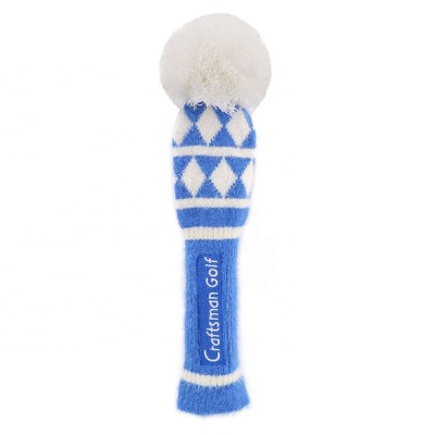 Blue Knitted Golf Headcover Long Neck Pom Pom Golf Driver Head Cover