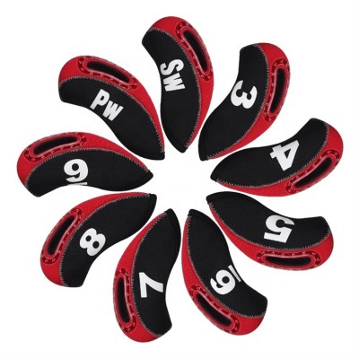 9pcs Set Red And Black Waterproof Neoprene With Visible Window Golf Head Cover Iron Headcover